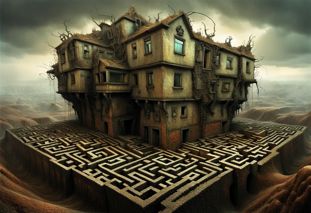 Labyrinth Maze Surrounding Mechanical House, Beksinski Style