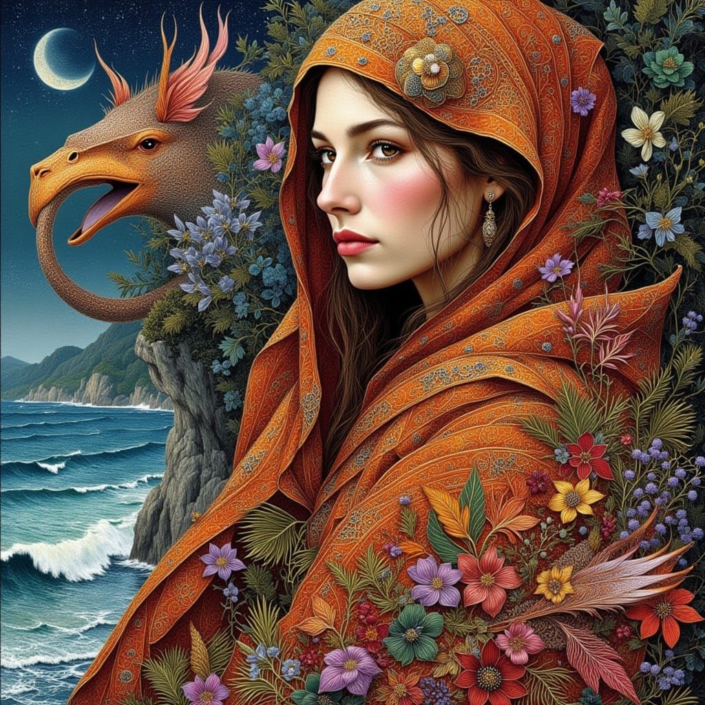 <lora:Concelo:1.0> A cloaked woman surrounded by animals and plants near the sea in ancient style <lora:Archetypal Image...