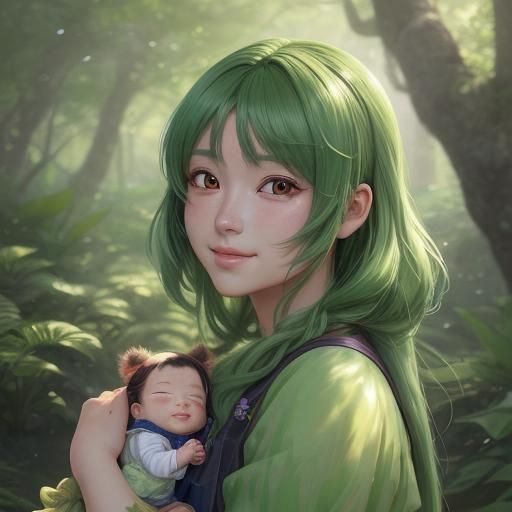 Newborn Baby Smiling in Lush Green Forest: Anime Art