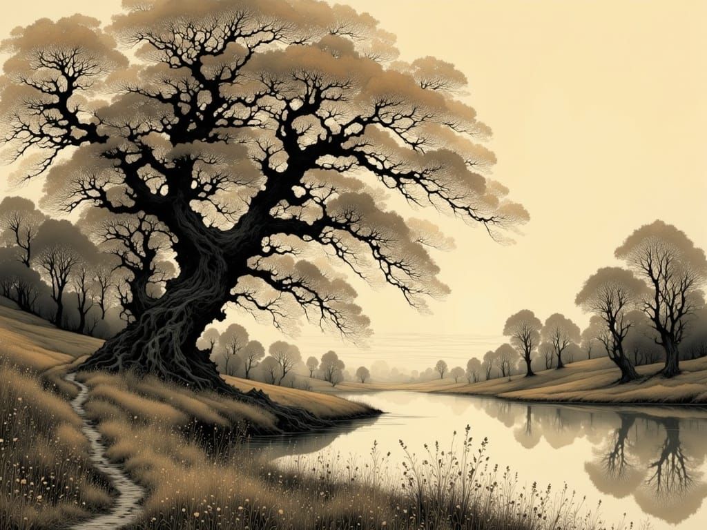 Intricate Dusk Landscape with Ancient Oak Trees
