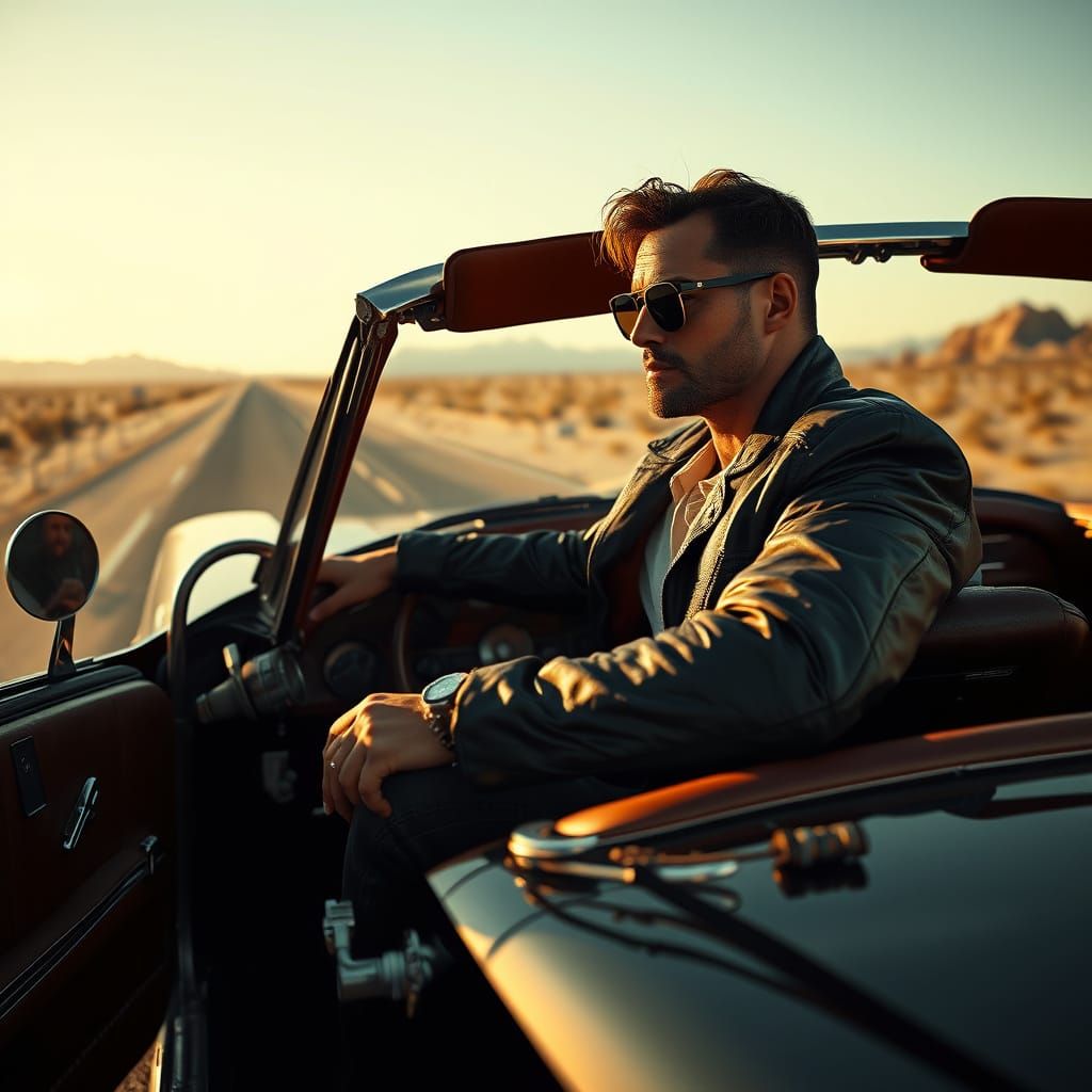 Convertible on Desert Road in Retro-Futuristic Style