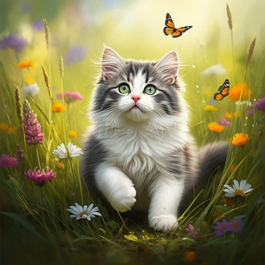 Kitten's Butterfly Chase in Sunny Meadow