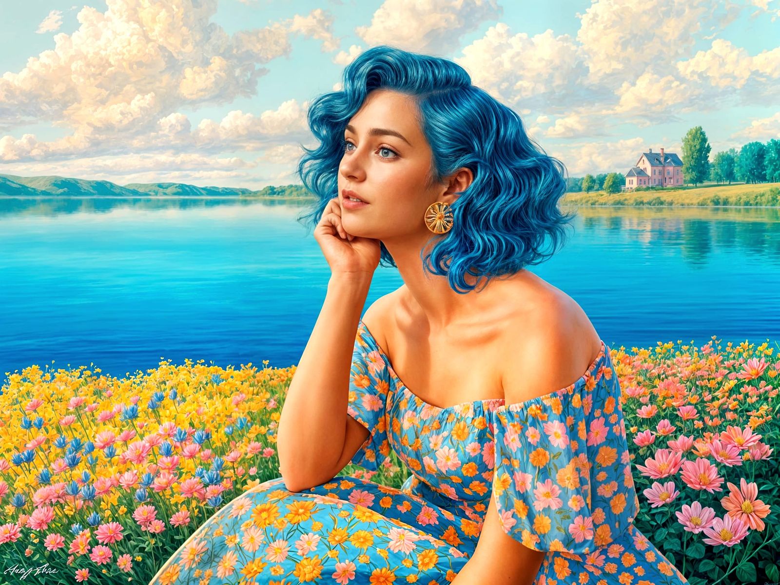 Woman with Blue Hair in Floral Meadow: Digital Painting