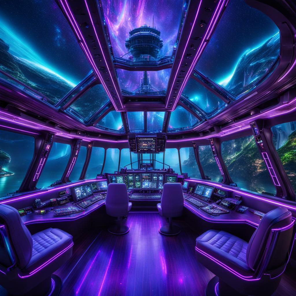 Neon Eco-Friendly Flying Ship in Purple Starry Sky