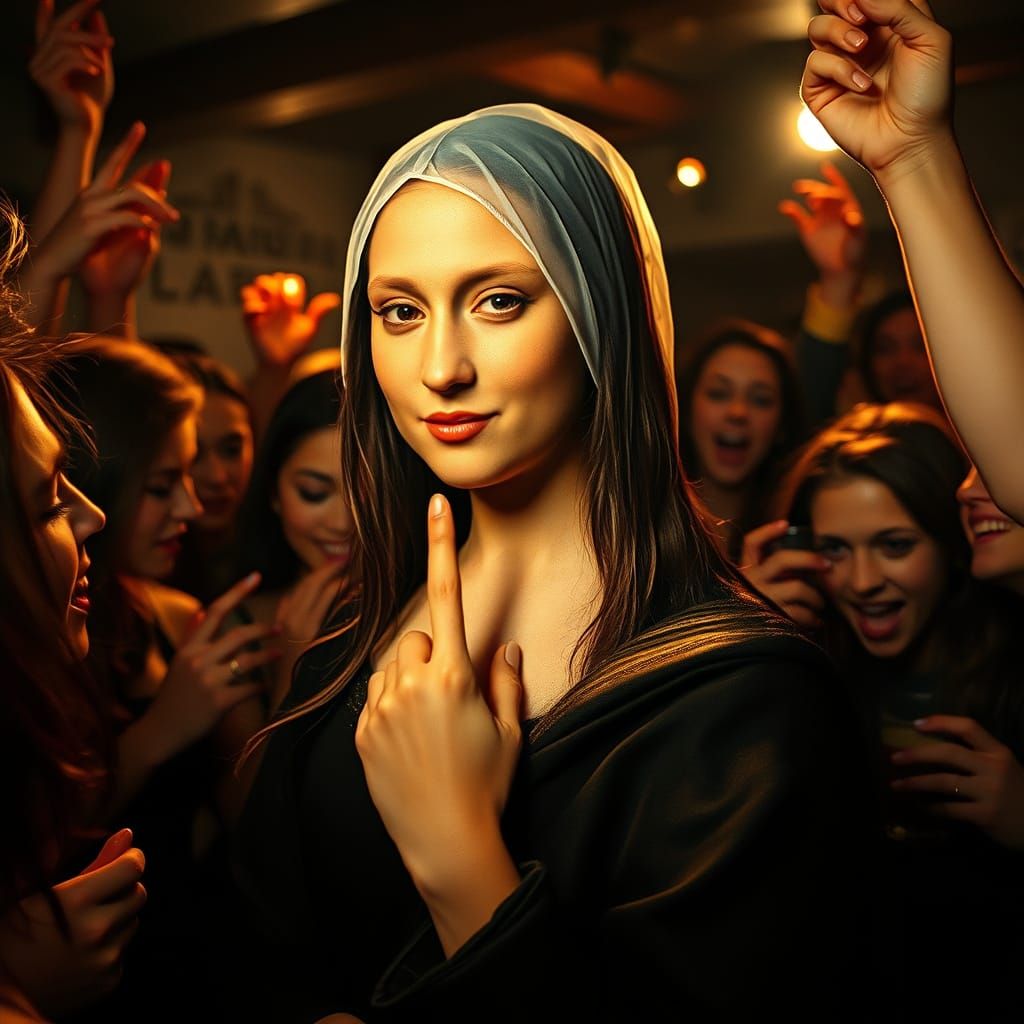 A candid, paparazzi-style photo capturing the Mona Lisa at an end-of-year party in a dirty frat house basement. She is d...