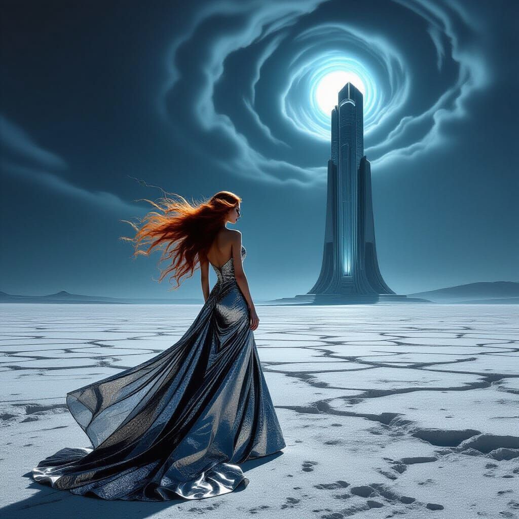 Crimson Haired Supermodel in Chrome Gown on Retro-Futuristic...