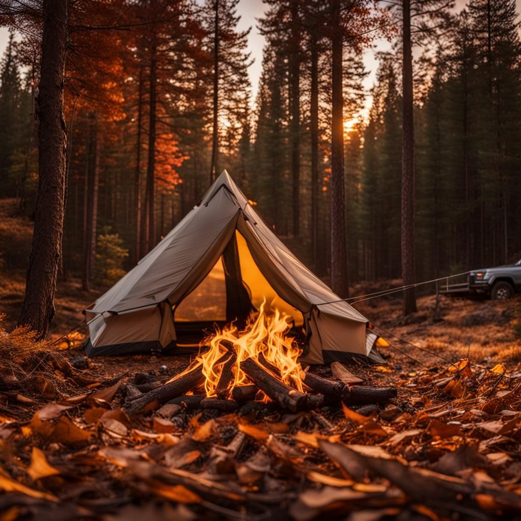 Golden Hour Campfire Amongst Autumn Pines