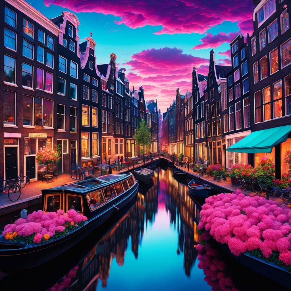 Vibrant Amsterdam Canal Houses in Whimsical Fractal Wonderla...