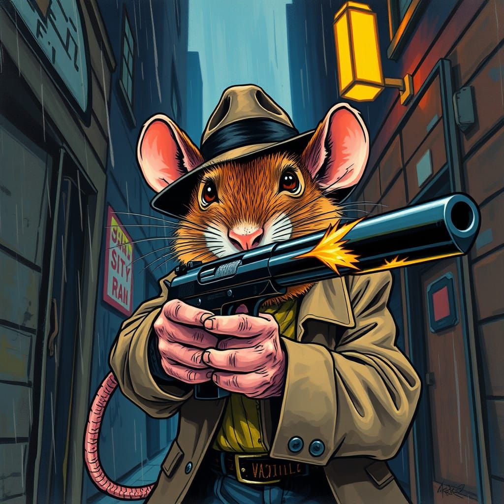 Rat Takes Aim in Rainy Alleyway