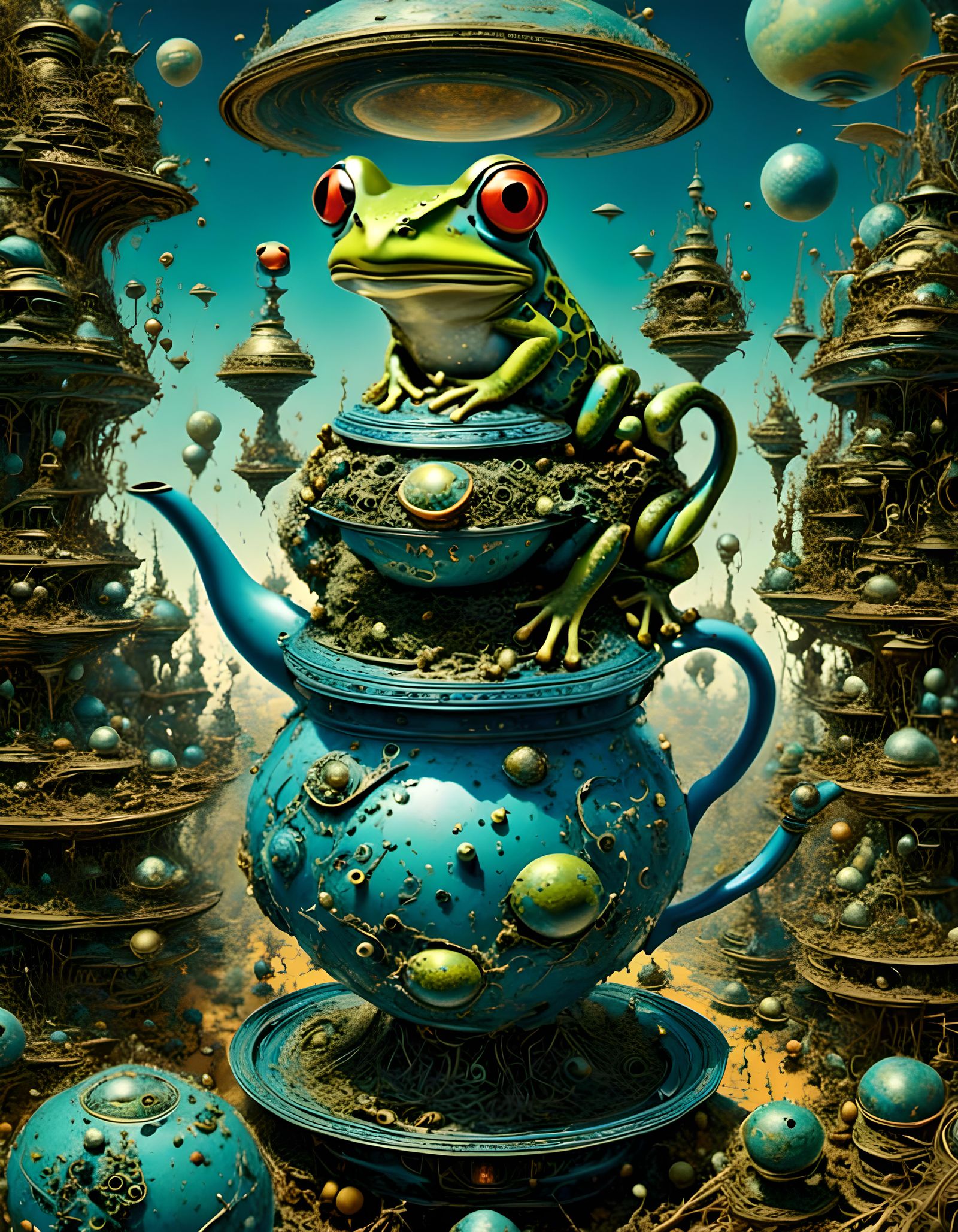 <lora:Surreal v2:1.0>  <lora:Imaginarium:1.0> Wide angle lens : Frog Flying Alien Teapot Spaceship exploring Universe: b...