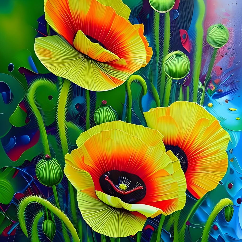 Colorful Abstract Poppy Painting in Impasto Style