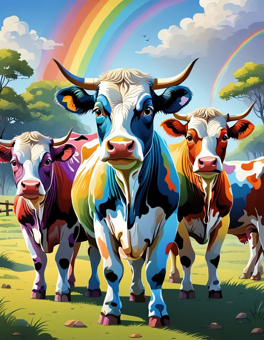 Vibrant Cartoon Cows in Rainbow Hues