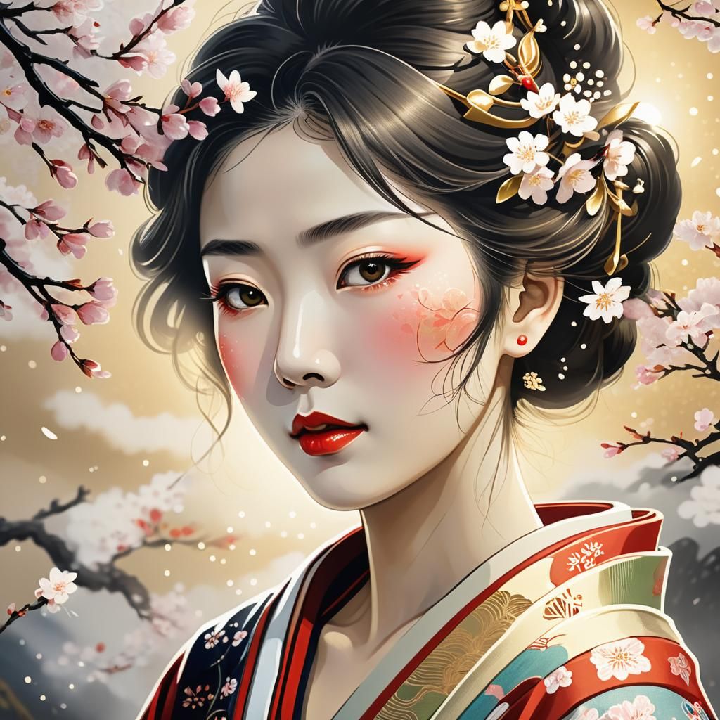 Ukiyo-e Portrait of Woman with Cherry Blossoms