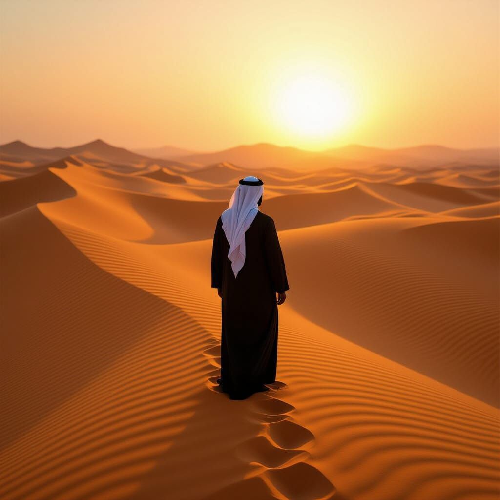 Arabic Man in Desert Sunset Silhouette