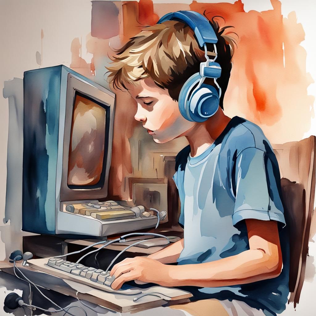 Boy with 90s Computer, Watercolor Painting