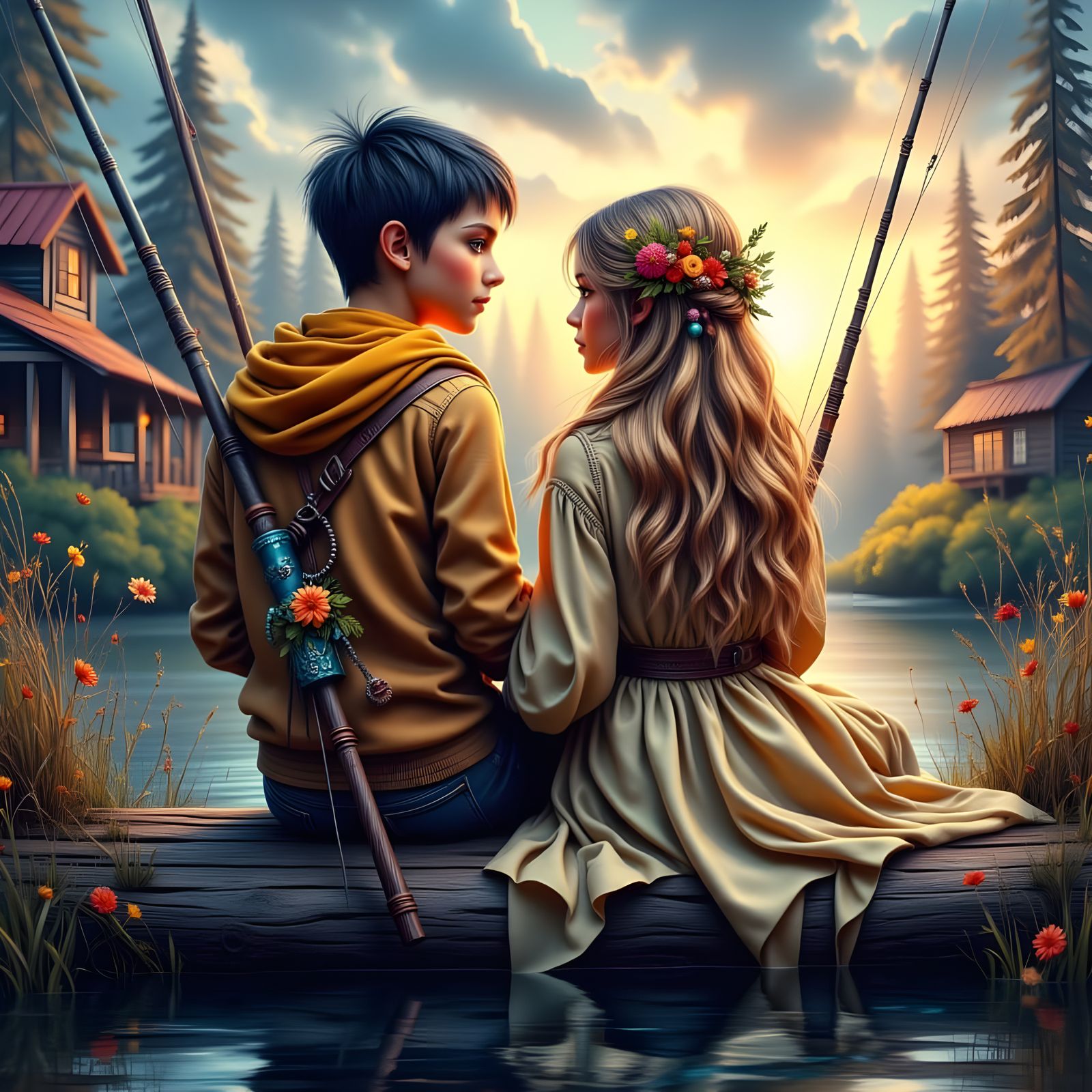 Teen Romance on the Bridge: Ethereal Digital Art