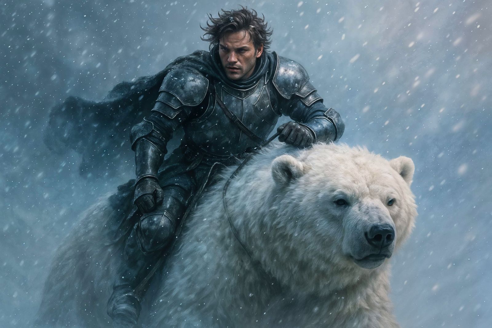 Armored Knight on White Bear in Snowstorm