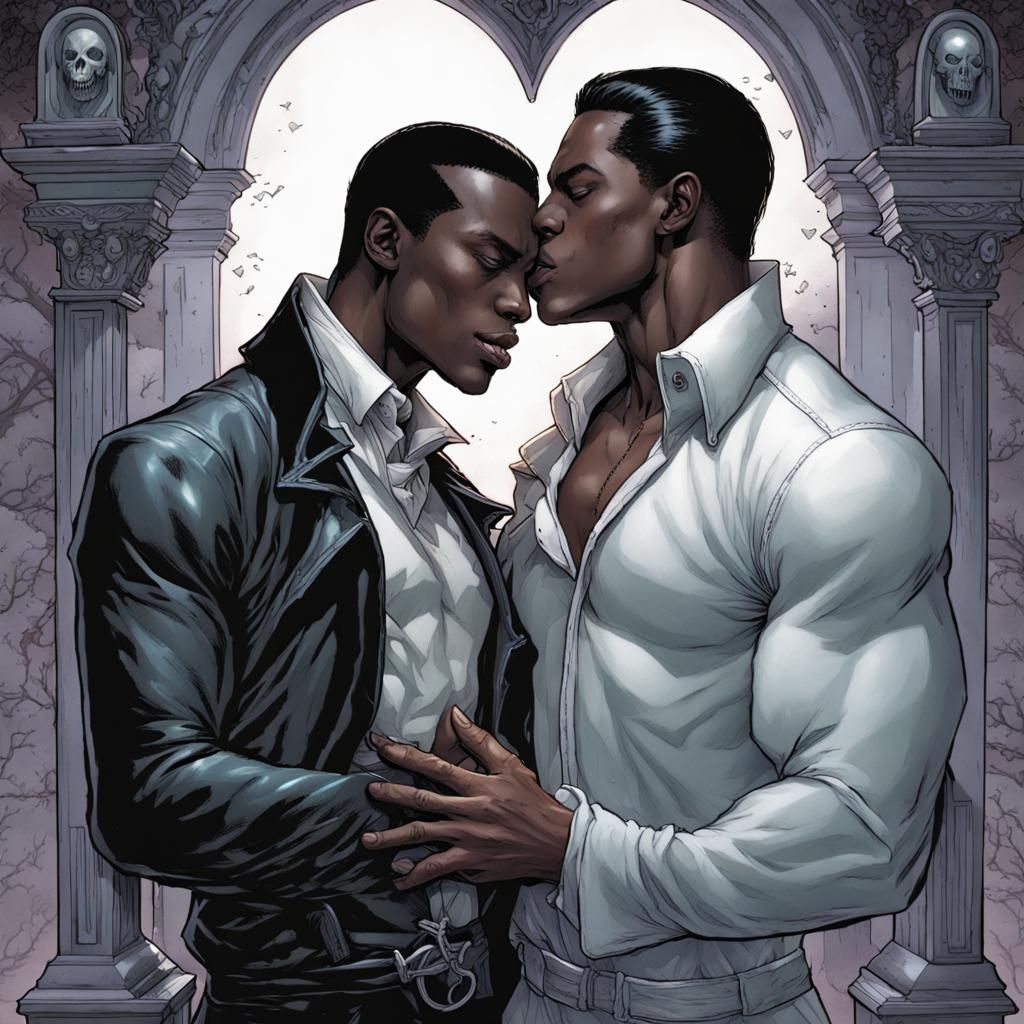 Vampire Lovers Kiss in Cemetery, Comic Book Art