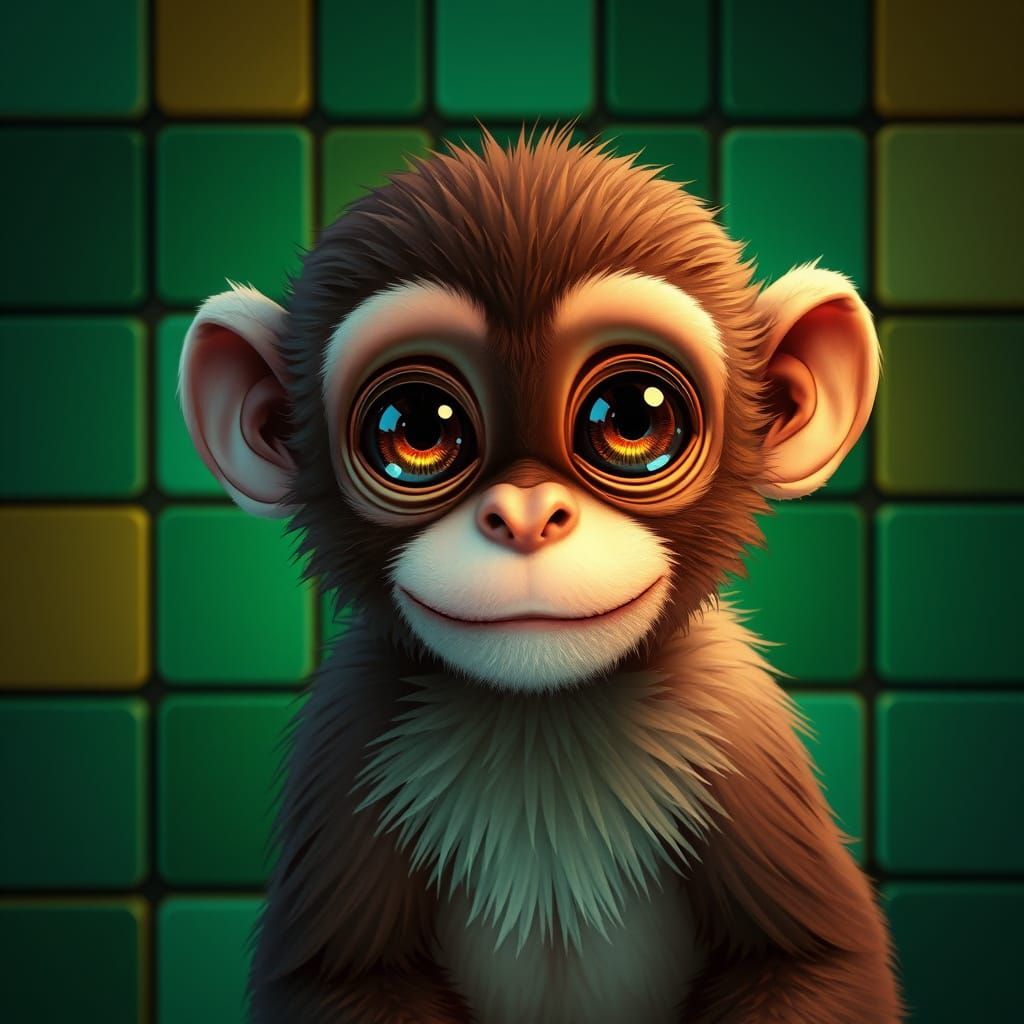 Cute Brown Monkey in Pixel Art Style with Green Blocks