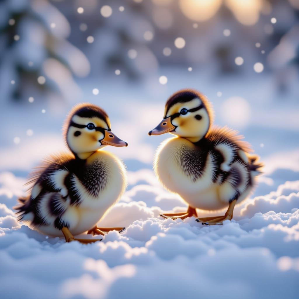 Two Baby Ducks in Snowy Pond, Precisionism Style