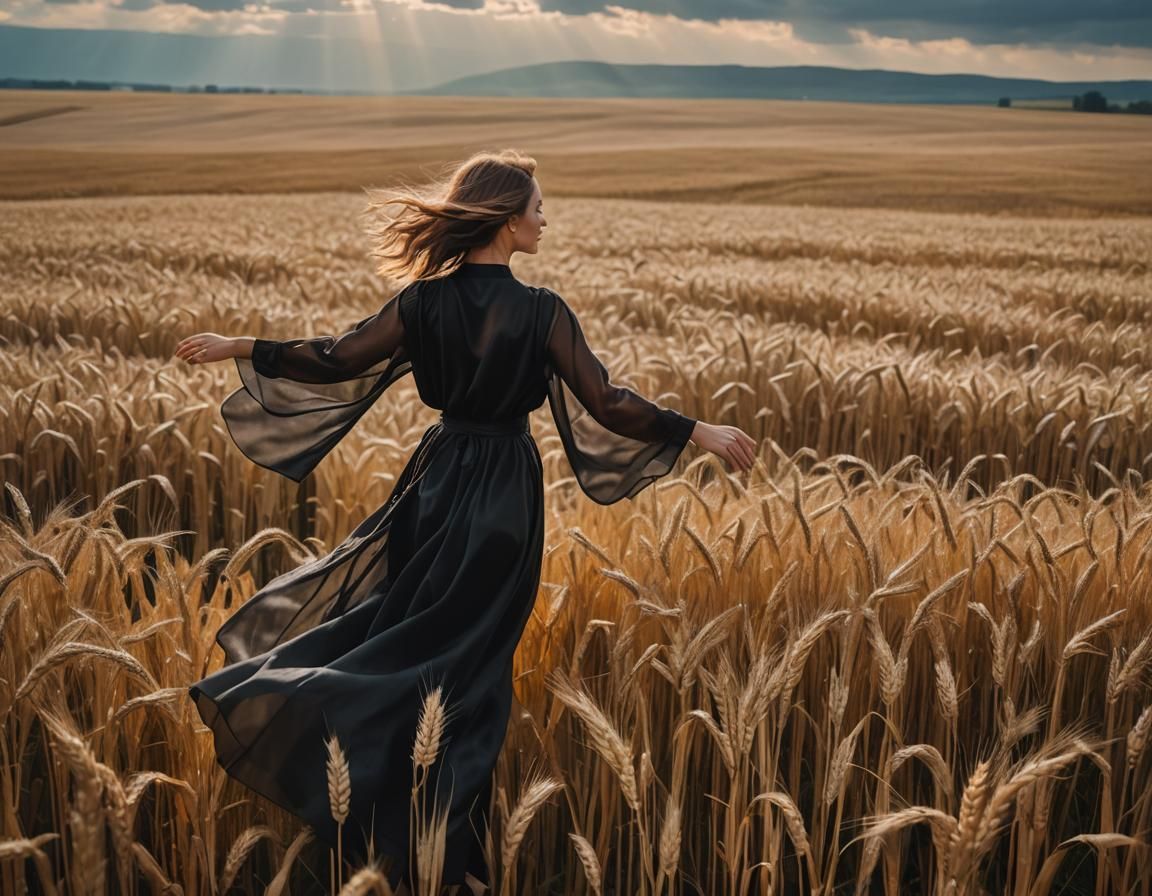Woman in Black Robe Floating Over Wheat Field