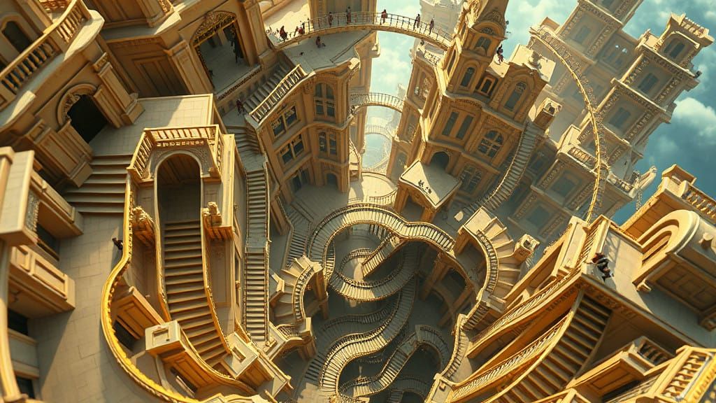 Surreal Cityscape of Flying Women in Escher-Inspired Archite...