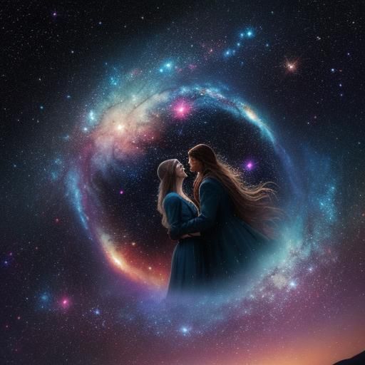Cosmic Lovers Floating Among the Stars as Oil Painting