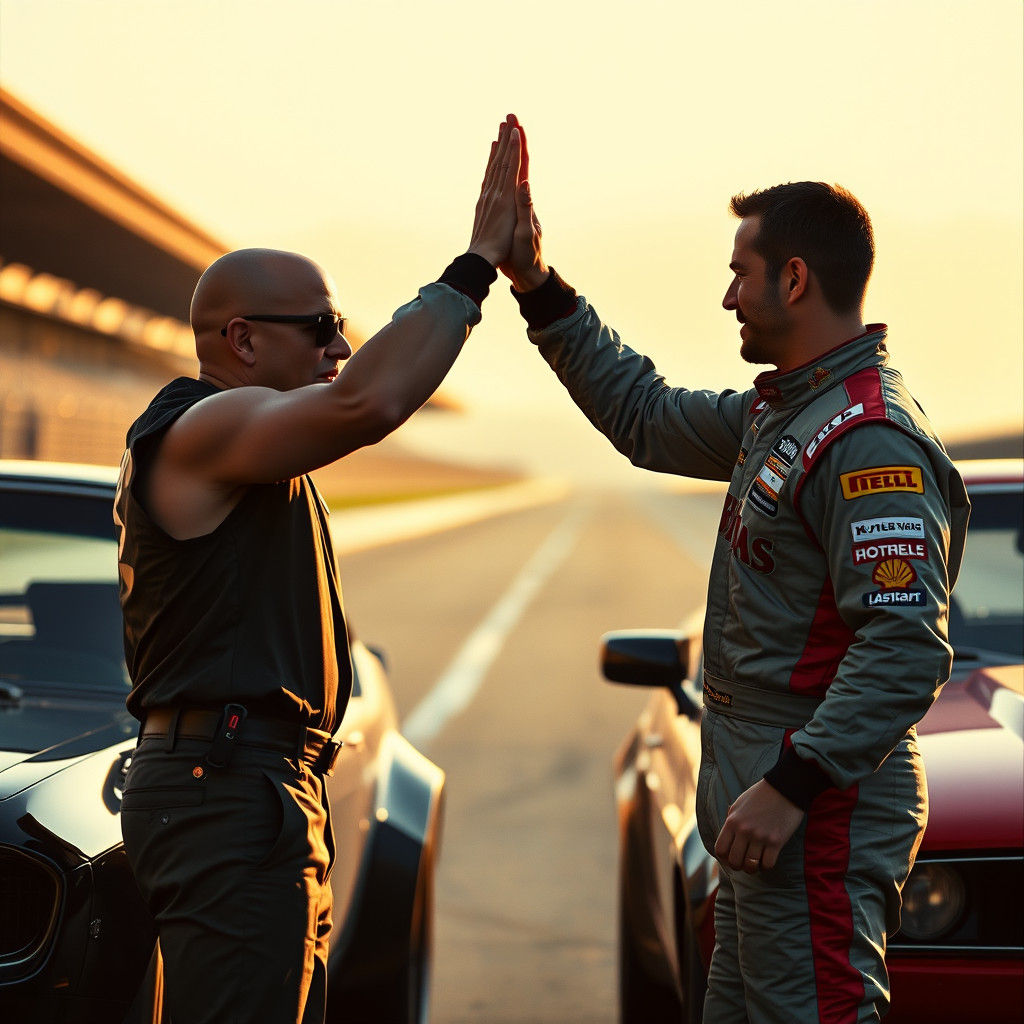 Racing Duo's Triumphant High-Five on the Track