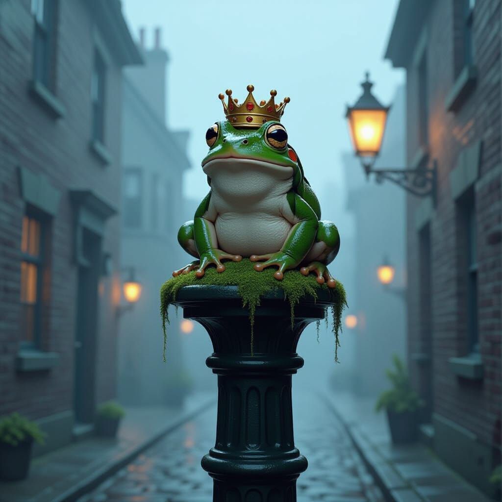 Plump Frog King on Mossy Lamp Post in Foggy Alley