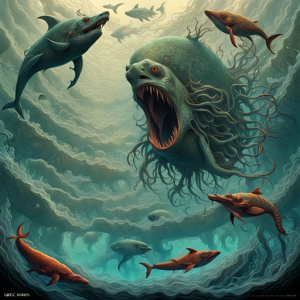 Surreal Stacked Oceans with Eerie Marine Life