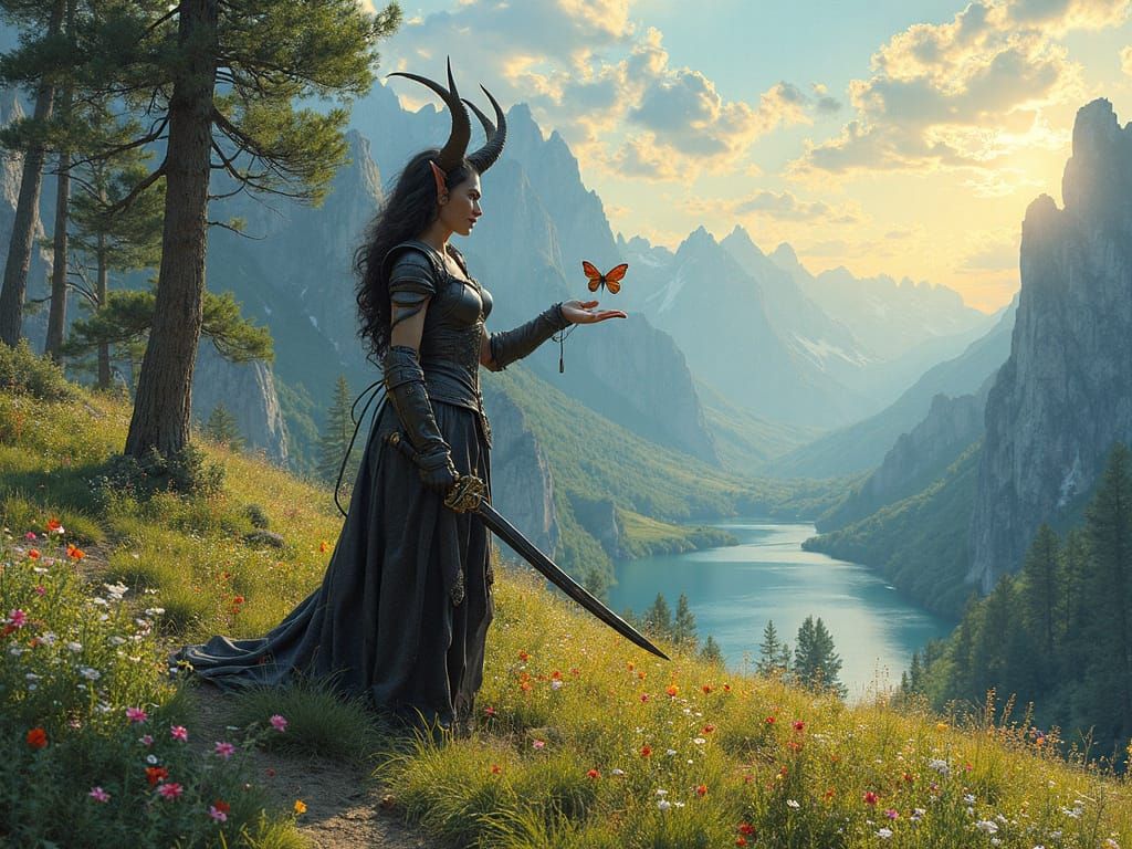 Majestic Dark Fantasy Devil Surrounded by Vibrant Flowers in...