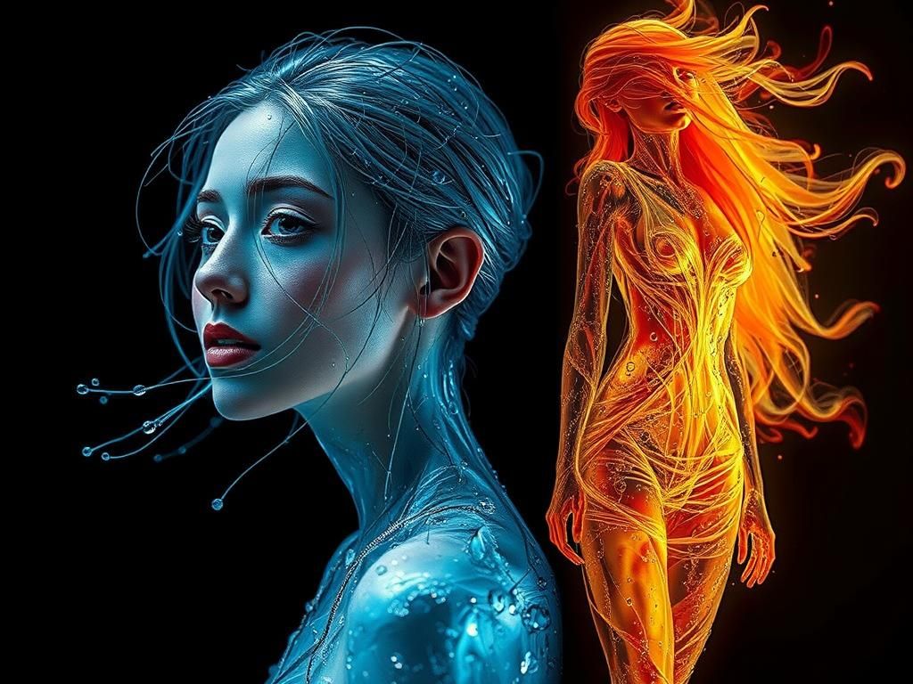 Water Woman Kissing Fire Woman: Hyper-Realistic