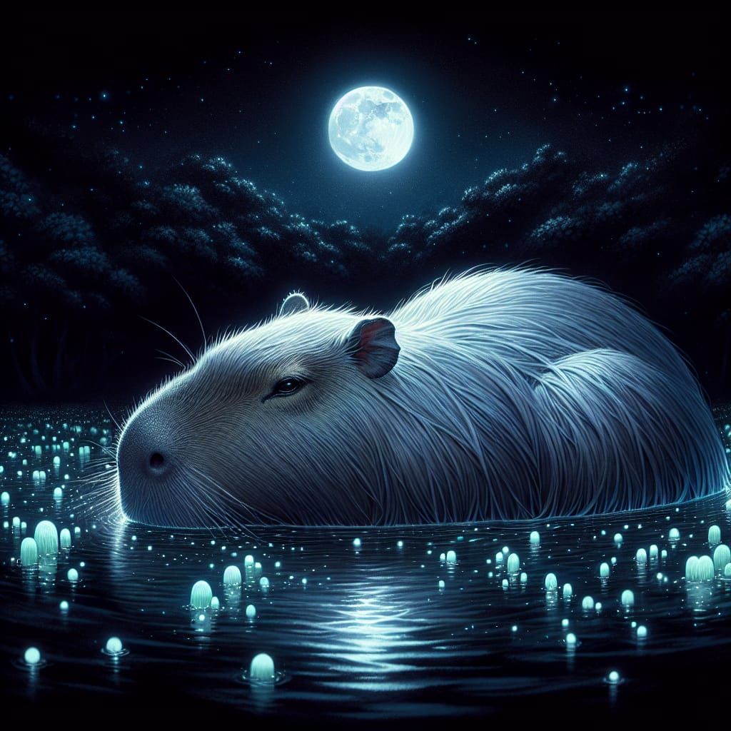 Silvery Capybara Basks Under Gently Shimmering Moonlight