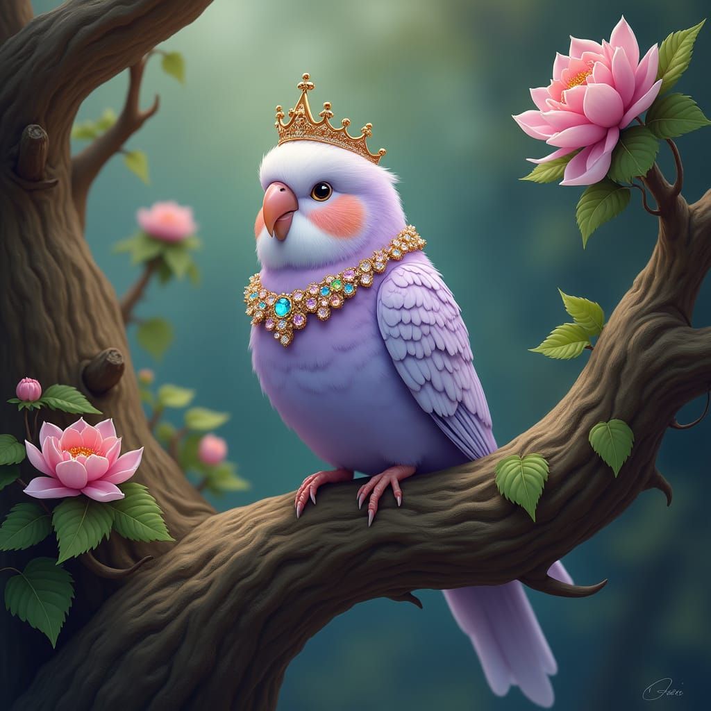 Lavender Budgerigar Princess Singing on Ball Tree Branch