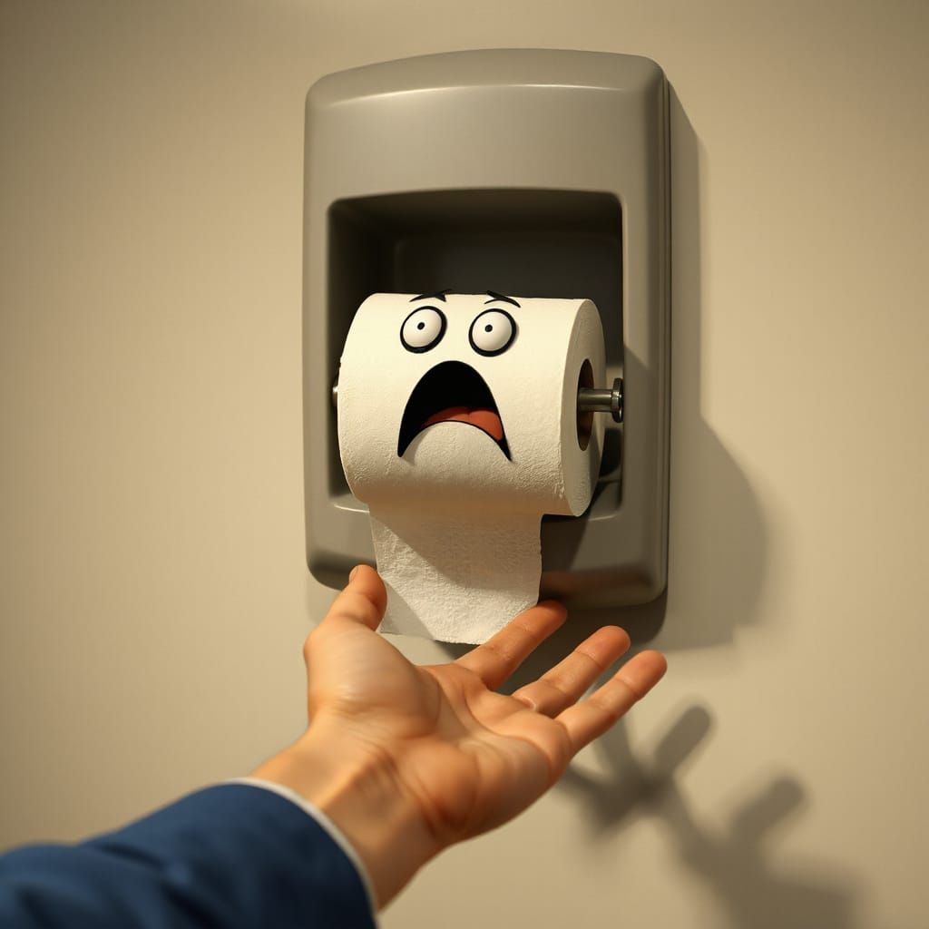 Frightened Toilet Paper Roll in Pixar Style Rendering