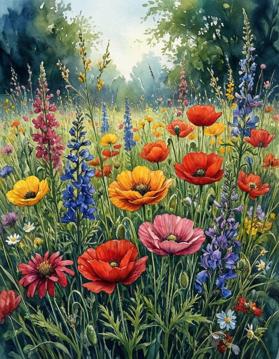 Inky Watercolour Meadow Full of Colourful Flowers