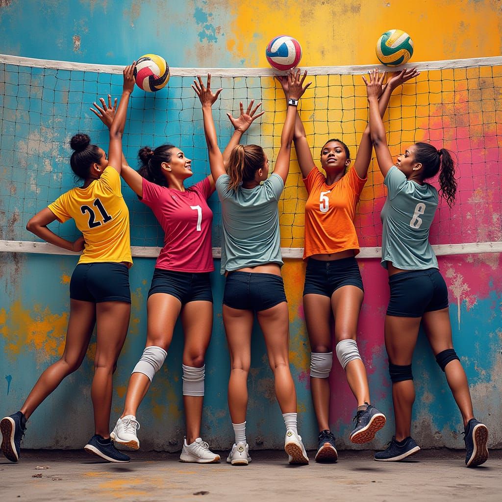 Vibrant Urban Volleyball Girls in Street Art Style
