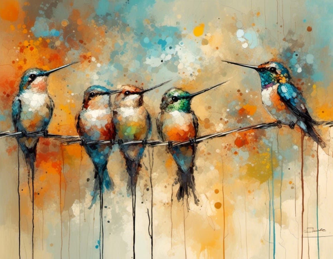 Expressionistic Hummingbirds on Wire in Watercolor