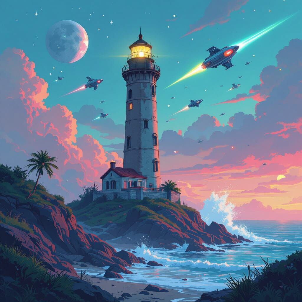 Jupiter Lighthouse Under Alien Attack: Dreamlike Sci-Fi Art