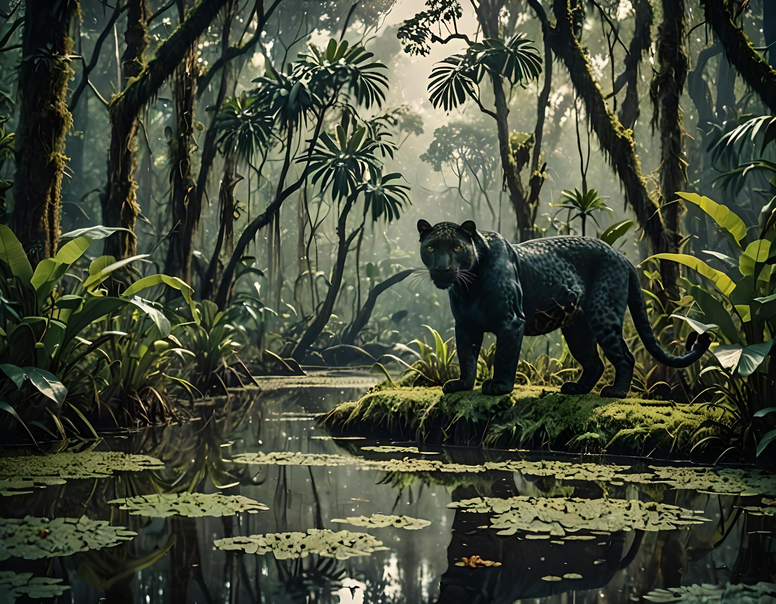 Black Leopard in Rainforest Swamp: Cinematic Film Still