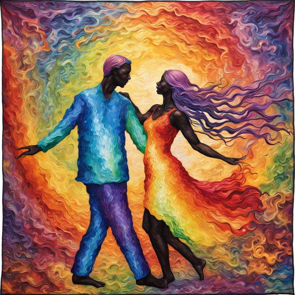 Vibrant Rainbow Dance of Two Lovers in Impasto Style