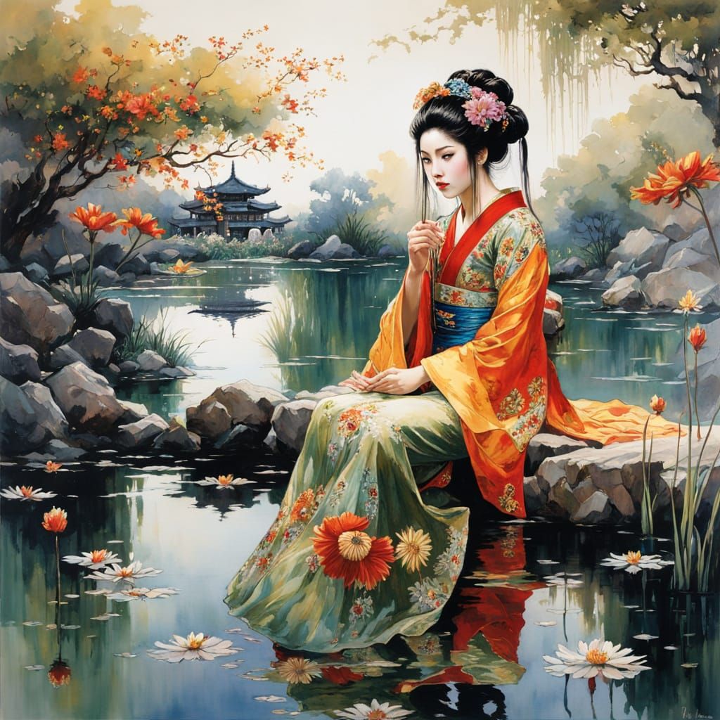 Eastern Fantasy Geisha with Celestial Background