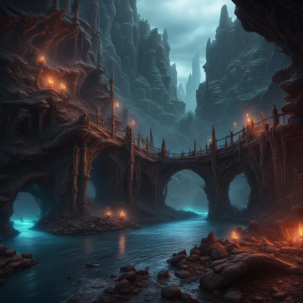 Fantastical Underworld River in Detailed Matte Painting