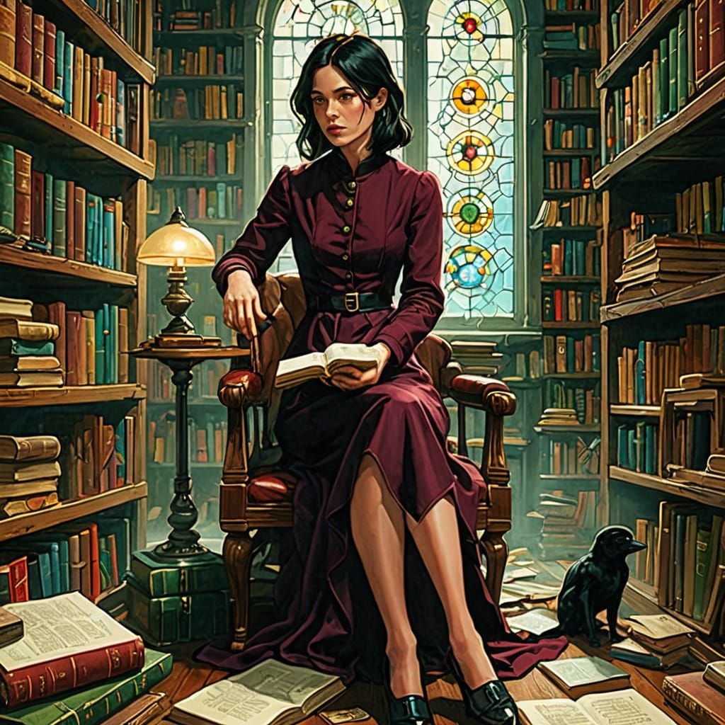 Victorian Woman Reading in Library, Hyperrealistic Digital A...