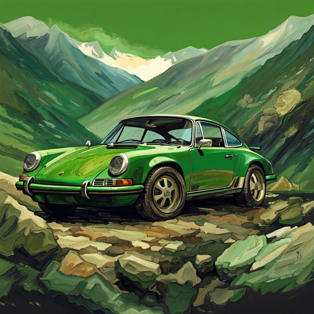 Green retro Porsche 911 in mountains
