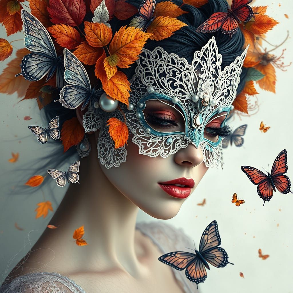 Ethereal Autumn Goddess Portrait in Mixed Media Style