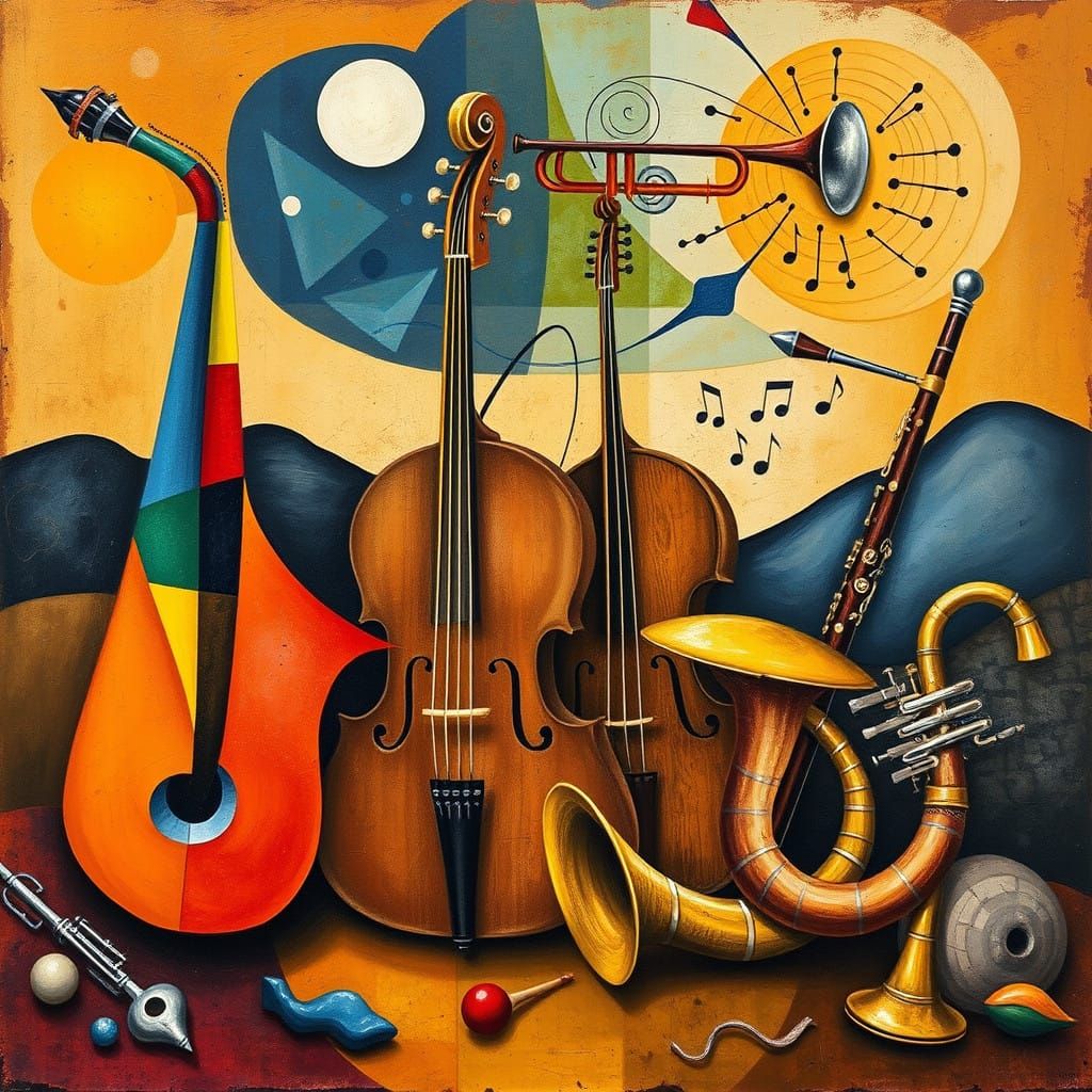 Vibrant Instrumental Tapestry in Miro-Klee Fusion Style