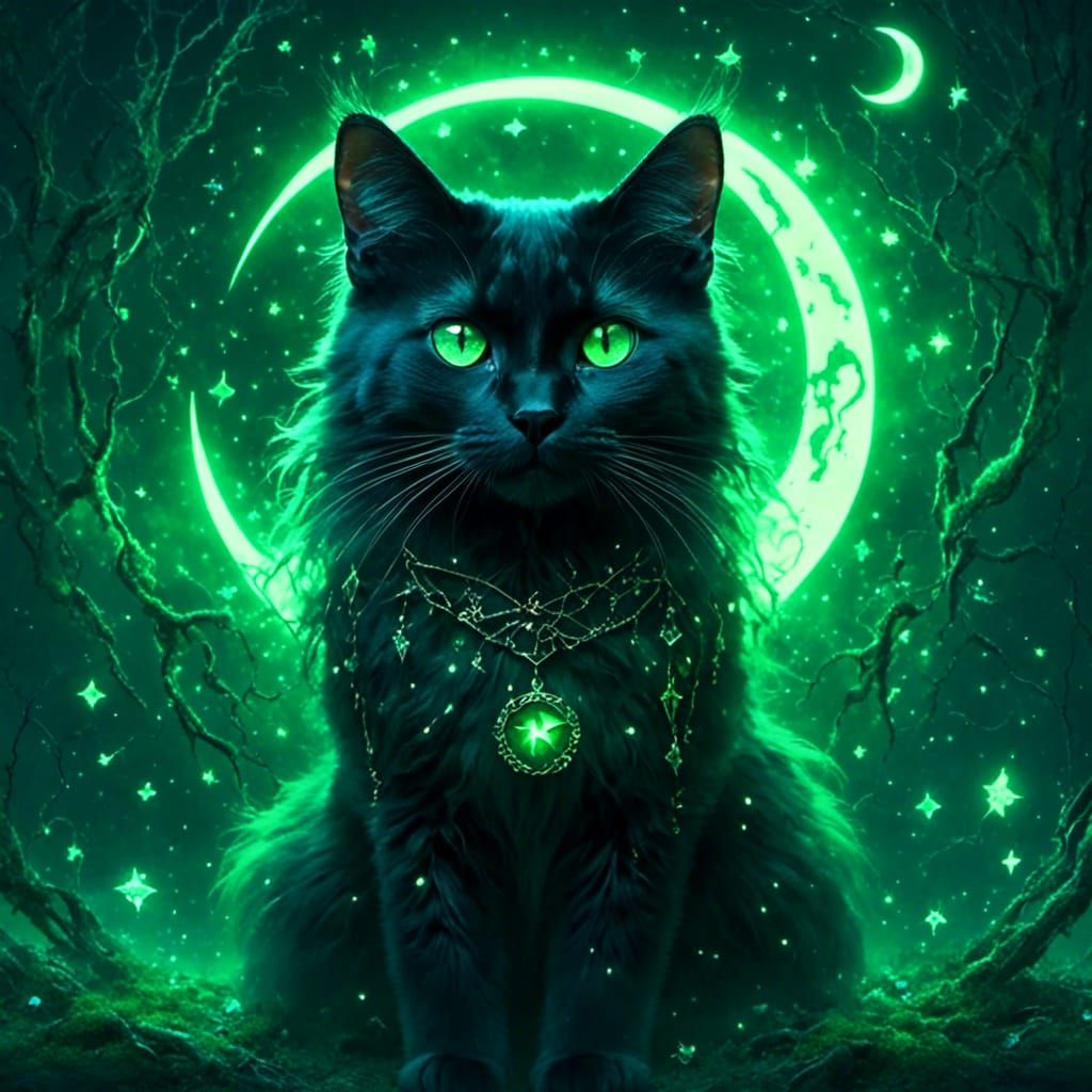 Mystical Black Cat Portrait with Runes and Stars