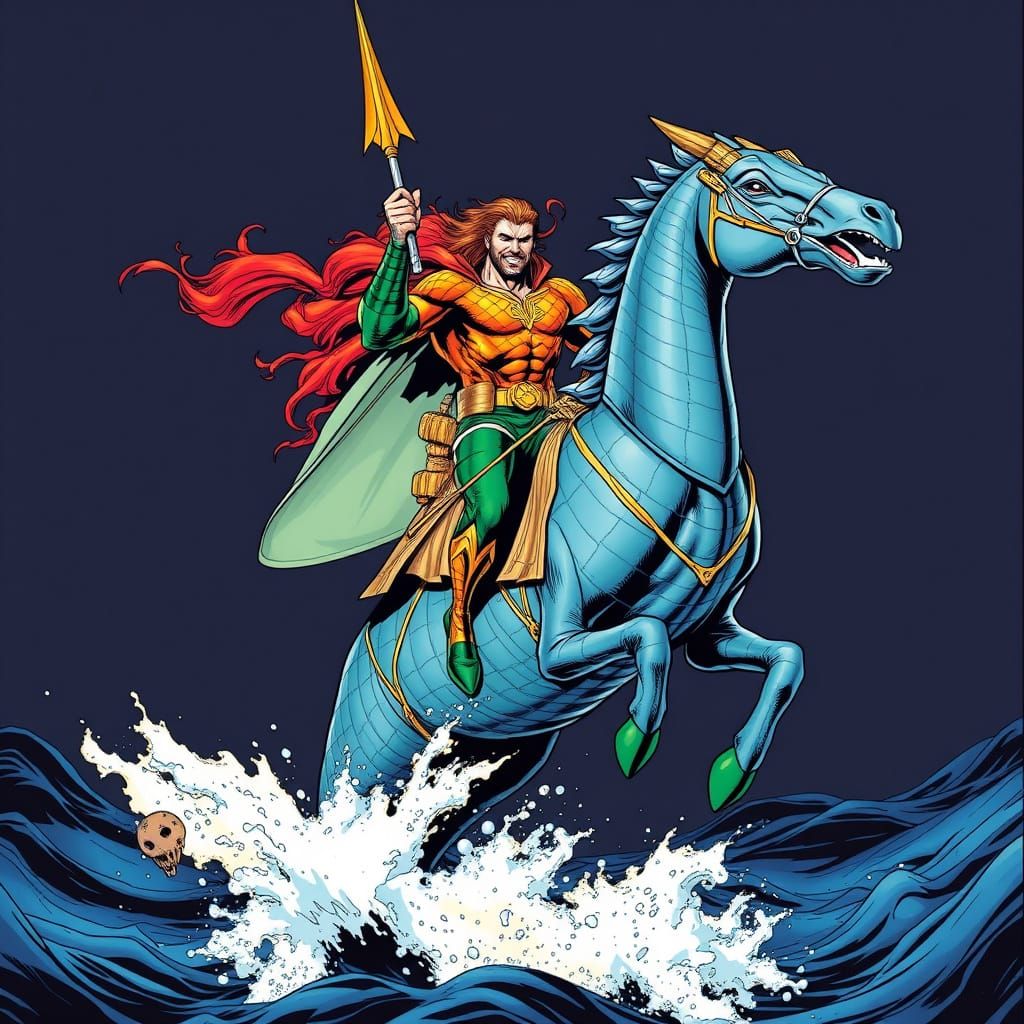 Aquaman Rides a Seahorse in Comic Book Style