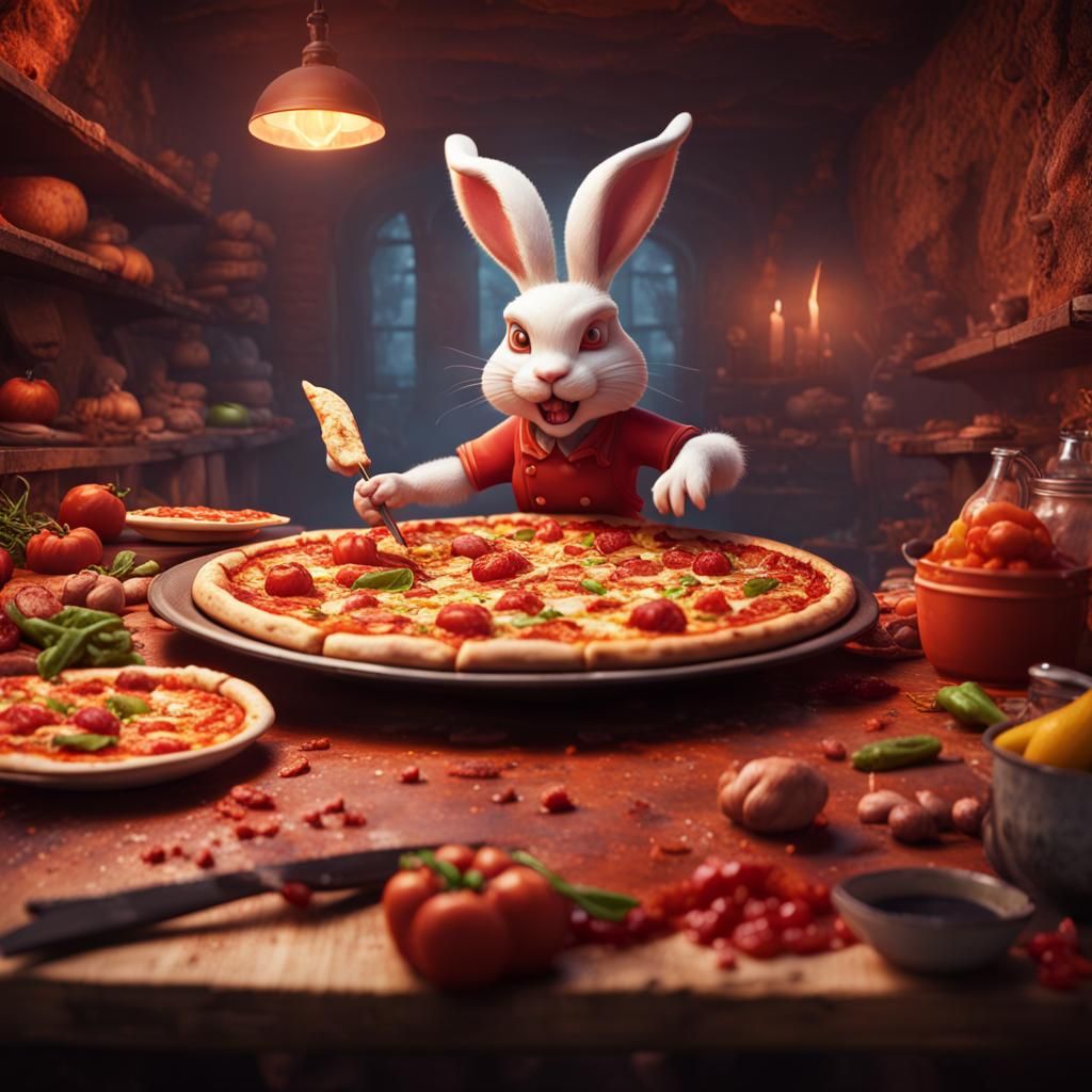 Rabbit Chef Makes Pizza in Hell, Digital Art